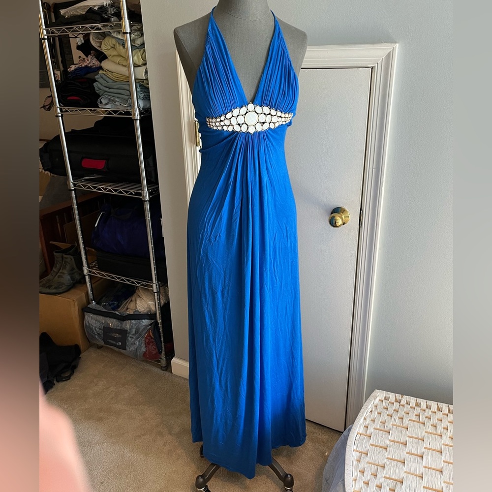 Blue formal dress with mid line detailing